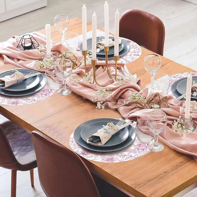 50 Pack Paper Placemats Disposable Pink Floral Placemats 13.7 Inch Vintage Chinoiserie Place Mats Decorative Round Table Mats for Dinner Table Setting Birthday Wedding Party Supplies