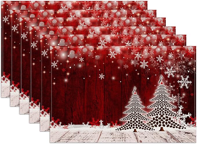 Christmas Tree Placemats Set of 6, Winter Snowflakes Linen Place Mat Washable Stain Resistant Table Mats for Farmhouse Kitchen Dining Party Wedding Decor 12x18 Inch