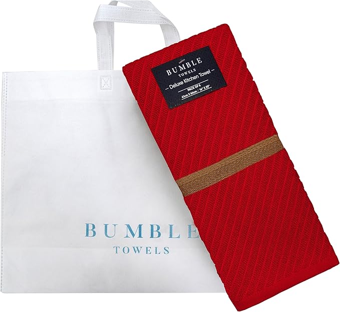 Premium Kitchen Towels (16”x 25”, 6 Pack) | Large Cotton Kitchen Hand Towels | Dish Towels | Diagonal Weave Design | 445 GSM Highly Absorbent Tea Towels Set with Hanging Loop | Red