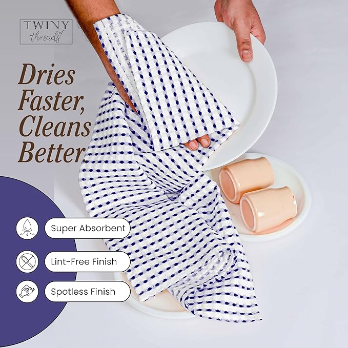 TWINY threads Multi Colors White Waffle Towels 4 Pack, 16x26 Inches Absorbent Waffle Weave Kitchen Dish Cloth Set, Durable & Machine Washable Tea Towel, Turquiose Blue, Orange, Burgundy, Indigo Blue