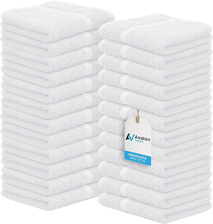 Avalon Towels Cotton Washcloths 24-Pack – 12 x 12 Inch White Super Soft & Absorbent Ring-Spun Cotton Wash Cloths for Face, Bath, Spa, Gym, Hotel & Cleaning