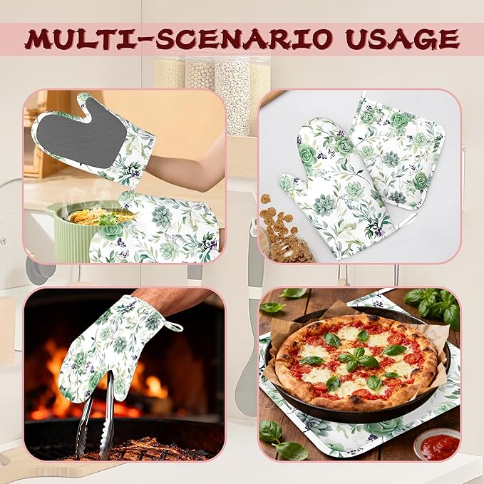 Succulent Plants Flowers Oven Mitts and Pot Holders (4PCS),Heat Resistant Non-Slip Silicone Kitchen Gloves for Cooking, Baking, BBQ Waterproof Kitchen Accessories