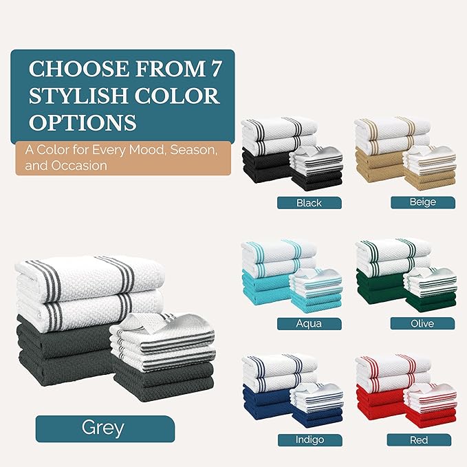 Casa Platino 8PC Cotton Kitchen Towels, 16"x26", Summer Grey Kitchen Towels