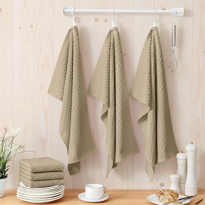 Homaxy 100% Cotton Terry Kitchen Towels(15" x 25", 6 Pack), Soft and Super Absorbent Dish Towels, 380 GSM Reusable Tea Towel with Hanging Loop, Pineapple Grid Designed, Tan