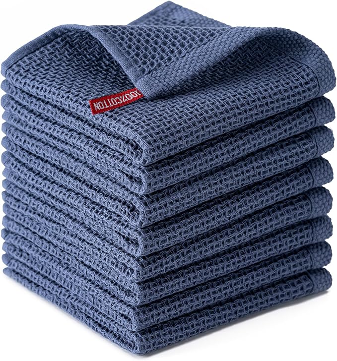 BOOMIBOO 8-Pack Kitchen Dish Cloths, 100% Cotton Waffle Weave, Ultra Soft Absorbent, Quick Drying Dish Towels, 12x12 Inches,Navy Blue