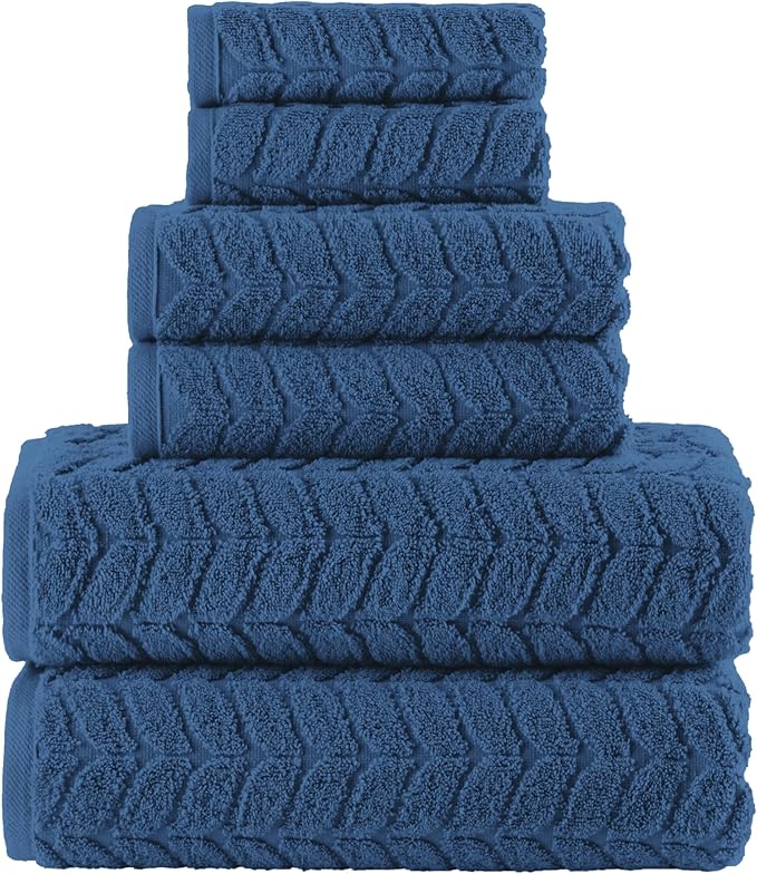 Elegant Comfort Luxury 6-Piece 100% Turkish Cotton Jacquard Braided Textured Premium Hotel Quality Towel Set– Soft and Absorbent, Includes 2 Bath Towels, 2 Hand Towels and 2 Washcloths, Navy