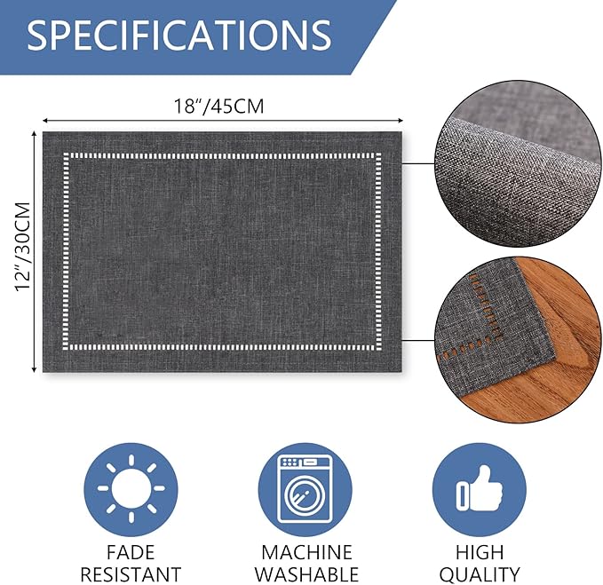 Tosewever Set of 4 Decorative Linen Placemats 12 x 18 Inches, Farmhouse Style Table Mats for Everyday Dining Wedding Party Holiday Home Decor (4 Pieces 12 x 18”, Grey/Straight) (Pack of 2)