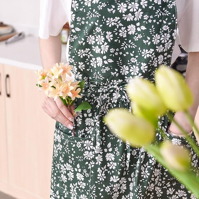 Pinknoke Vintage Pinafore Apron Dress for Women with Pockets Cute Floral Chef Aprons for Kitchen Cooking Baking Gardening