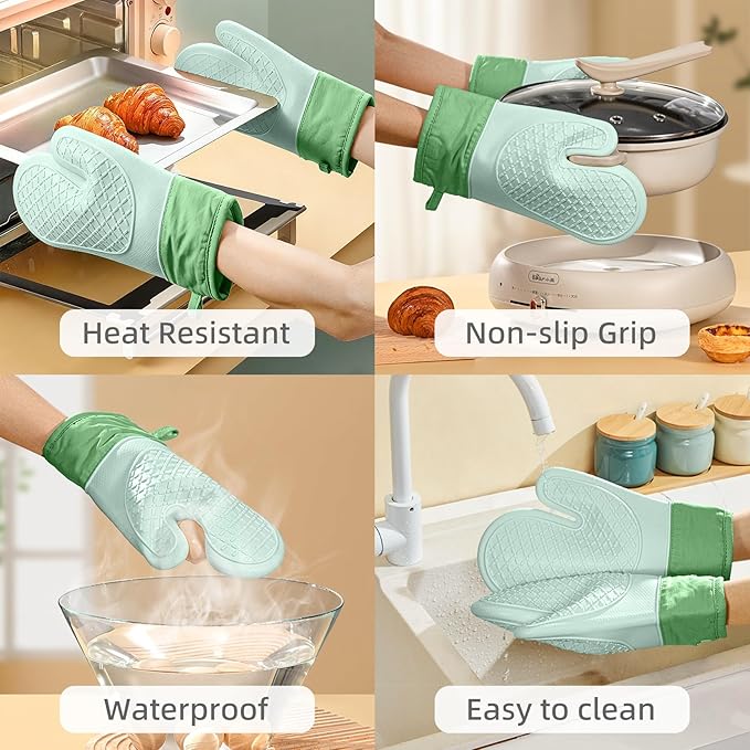 Silicone Oven Mitts，Heat Resistant up to 500°F, Oven Gloves with Soft Lining, Non-Slip Kitchen Essentials, Kitchen Gadgets, Apartment Essentials, Great Gift for Cooking (green-1pair)