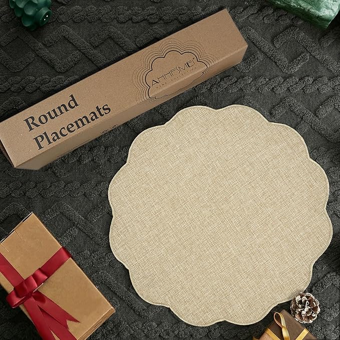 AHHFSMEI Round Faux Linen Placemats Set of 8 Heat Resistant Non-Slip Stain Proof Table Mats for Kitchen Dining Elegant Decor Place Mats (Linen Beige,8)