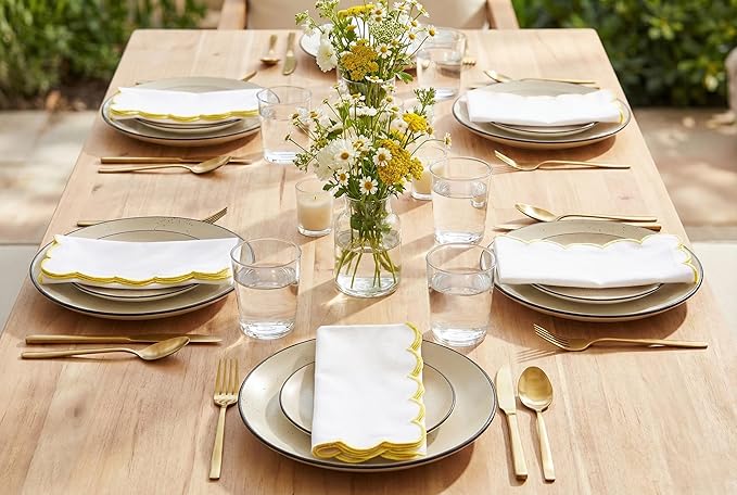 PurpleEssences Scalloped Embroidery Cloth Napkins - Spring Easter Summer - Table Decor - 100% Cotton - Set of 4-18x18 inch - White - Edges - Yellow