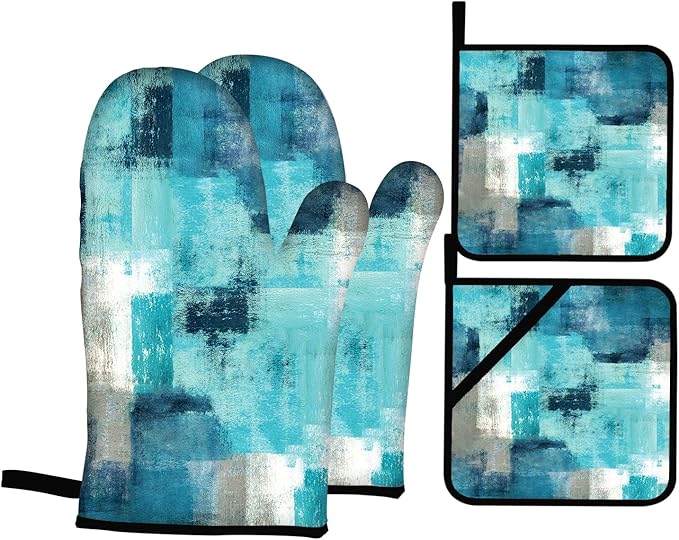 Turquoise Grey Oven Mitts and Pot Holders Sets of 4 Modern Teal Abstract Art Oven Gloves for Kitchen Baking Cooking Grilling (Turquoise)