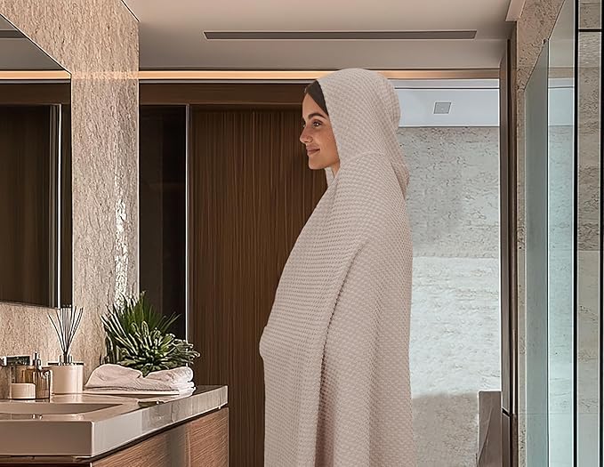 COTTON CRAFT Hooded Bath Towel – Oversized 35 x 70 Waffle Weave Towel with Hood for Adults - 100% Ringspun Cotton Pool Bath Sheet Wrap with Hood - Soft Super Absorbent Quick Dry – 450 GSM – Linen