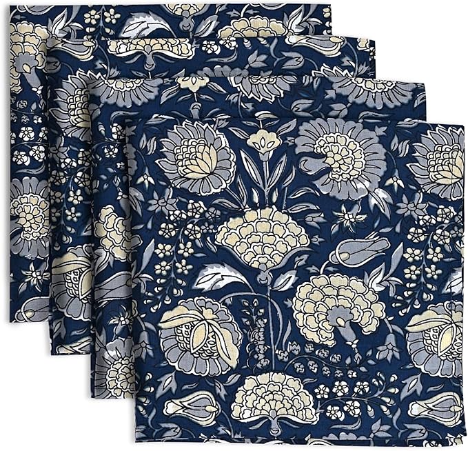 Ridhi Midnight Marigold Garden Hand Block Print 100% Cotton Napkins 18" x 18" (Set of 4) Reuseable Kitchen Napkins Cloth Decor Dinner Party Cocktail Gift for Spring, Easter, Valentine