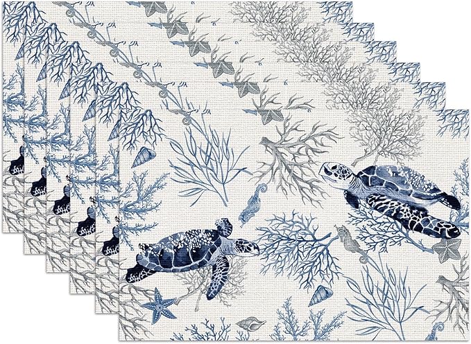 Watercolor Turtle Placemats Set of 6, Nautical Coastal Coral Shell Linen Place Mat Washable Stain Resistant Table Mats for Farmhouse Kitchen Decor 12x18 Inch