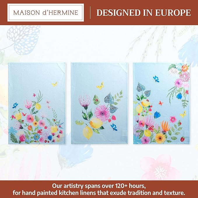 Maison d' Hermine Kitchen Towels Set of 3 100% Cotton 27.50" x 20" Reusable Cloth Tea Dish Towels Absorbent with Hanging Loop for Kitchen Gifts for Mothers Day Spring/Summer (Jardin D'Ete - Mint)