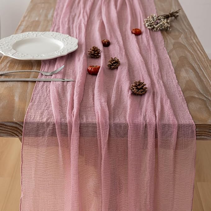 Keketoarrange 6pcs Cheesecloth Table Runner Dusty Rose Gauze 120 Inch 10 FT Rustic Boho Cheese Cloth Runner for Wedding Baby Shower Bridal Shower Party Long Sheer Centerpiece Fall Home Decoration