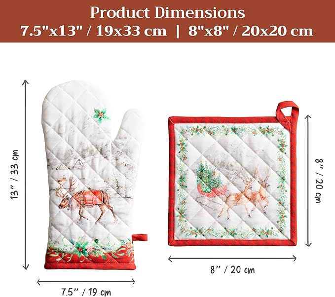 Maison d' Hermine 100% Cotton Oven Mitt & Pot Holder Set (7.5"x13" & 8"x8") Heat Resistant BBQ Cooking Gloves with Loop for Thanksgiving Christmas Decorations Handling Hot Pans (Christmas Tradition)