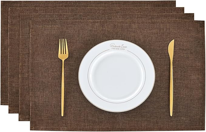 BALCONY & FALCON Faux Linen Placemats Set of 4 Washable Place Mats Heat Resistant Table Mats for Restaurant Dining Christmas Thanksgiving Party Indoor Outdoor （Brown, 17.7x11.8 in, 4PCS