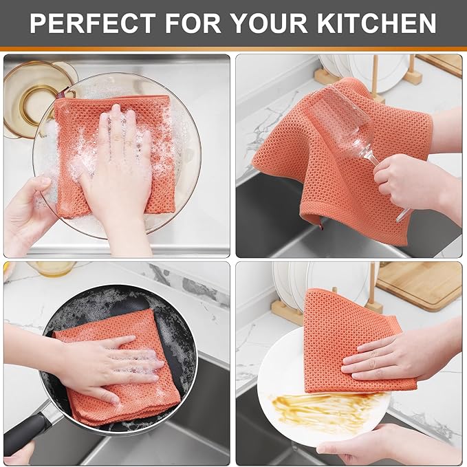 Kitinjoy 100% Cotton Kitchen Dish Cloths (12 X 12 Inches, Coral), 6 Pack Waffle Weave Ultra Soft Absorbent Dish Towels for Drying Dishes Quick Drying Kitchen Towels Dish Rags