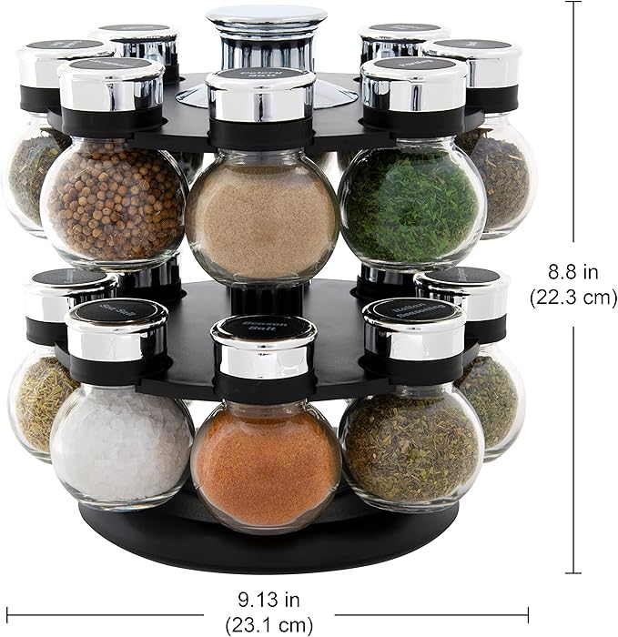 Kamenstein Ellington 16 Jar Revolving Spice Rack with Prefilled Spices - Rotating Chrome and Plastic Countertop Organizer with Sifter Caps and Labeled Lids