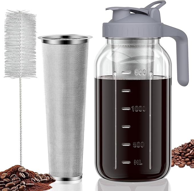 JunVpic Cold Brew Coffee Maker Jar - 64oz Wide Mouth,LeakProof,Heavy Duty Glass Mason Pitcher with Spout Lid,Handle & Stainless Steel Filter for Iced Coffee,Lemonade,Ice Tea & Fruit Drinks