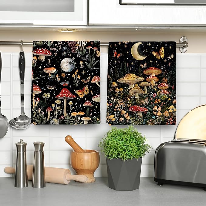 Mushroom Moth Kitchen Towels Decorative Set of 4, Witchy Dish Towels Absorbent Hand Drying Cloth for Cooking Baking, Mushroom Witchy Gifts for Women 16"x24", Black Kitchen Decor
