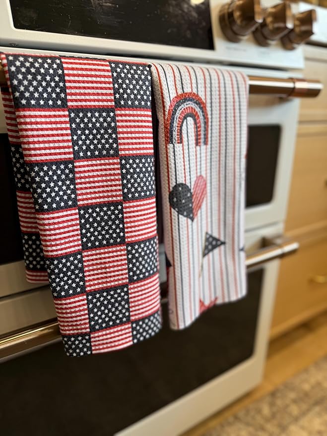 2 Pack|| Double Sided || Not Your Ordinary Kitchen Towels || Dish Towels || Quick Dry || Waffle Weave Microfiber || Designer Prints || Highly Absorbent || Hanging Hook (4th of July Navy)