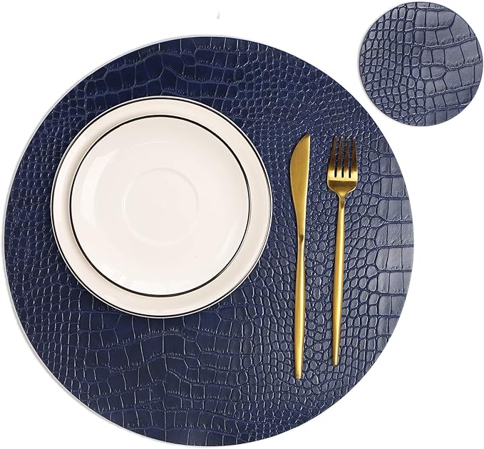 Round Leather Placemats for Round Tables Set of 4, Blue Table Place Mats and Coasters, Washable Easy to Care for Indoor Decor 13" Diameter