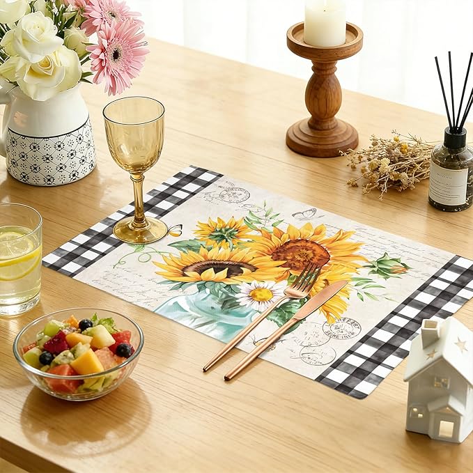 comfoyar Sunflower Vase Placemats Set of 4, 12x18 Inch Non-Slip Linen Summer Daisy Floral Place Mats, Washable Absorbent Butterfly Checkered Table Mats for Kitchen Dining Party Table Decoration