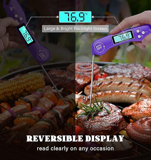 DOQAUS Digital Meat Thermometer, Instant Read Food Thermometer for Cooking with Backlit & Auto-Rotating Display, 4.6” Probe for Grilling, Baking, and Perfect BBQ - Purple
