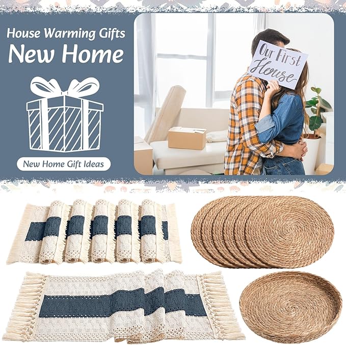 Boho Placemats 4/6/8 Set of Round Woven Placemat Macrame Style Bicolor Stitching Long Table Runner Farmhouse Rustic Natural Burlap Cotton for Kitchen Dining Table(6 Sets,Blue,12x72)