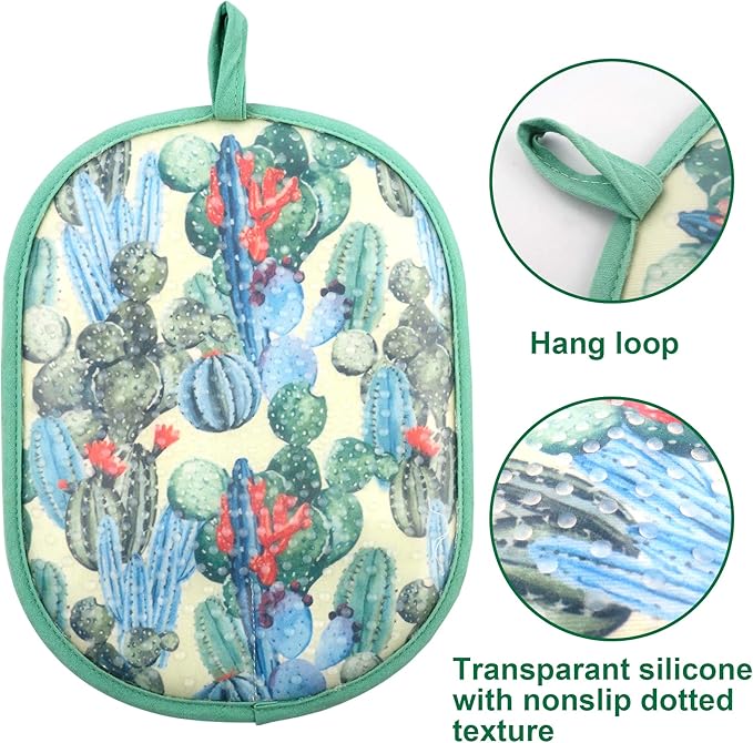 Pot Holders Set of 2 with Transparent Clear Silicone Shell and Nice Cactus Flower Cotton Lining, Heat Resistant to 500 F Kitchen Oven Gloves Pot Holder for Cooking (Cactus Flower, Potholders)