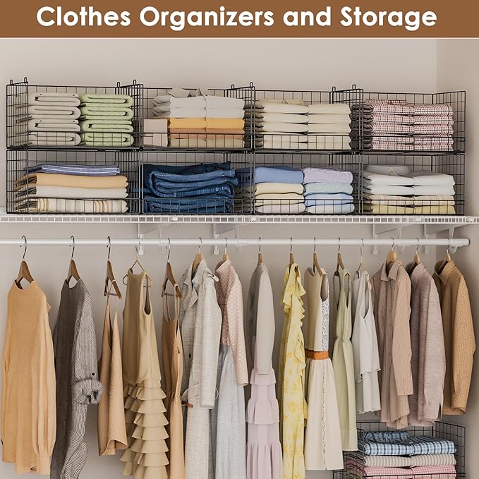 Yociyoga 4-Tier Stackable Closet Organizers and Storage Shelves, Clothes Shelf Organizer Basket Bins, Foldable Sweater Storage for Closet Organizer System, Black (Patent Pending)