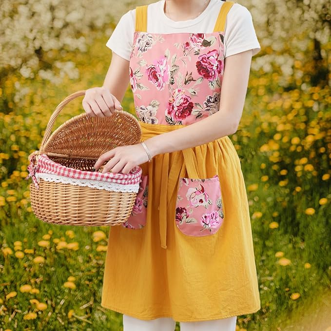 Pinknoke Vintage Pinafore Apron Dress for Women with Pockets Cute Floral Chef Aprons for Kitchen Cooking Baking Gardening