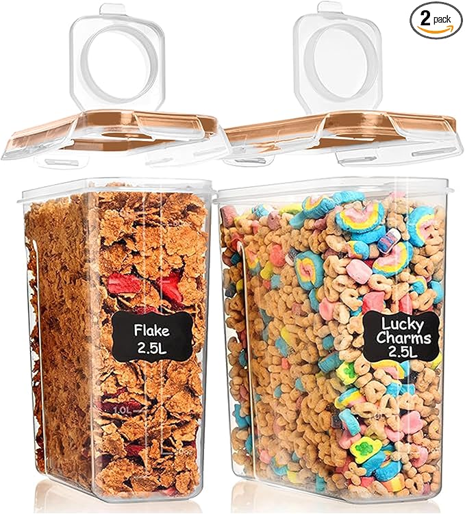 Shazo 2 Pack (15.4 Oz Cereal Capacity) Small Airtight Cereal Containers Storage with Lids, Perfect Space Saving BPA-Free Plastic Container, Pantry Organization and Canister for Rice, Sugar & Flour