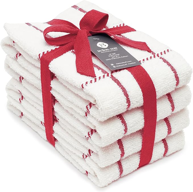 100% Cotton Terry Dish Cloth & Dish Towel (RED, Dish Towel - 4 Pack(Checks))