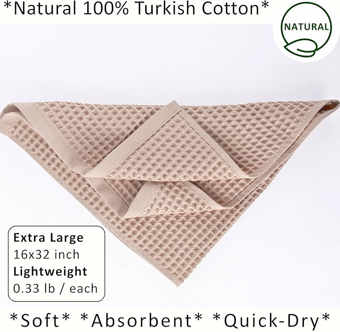 PÜSKÜL Natural 100% Turkish Cotton Waffle Kitchen Towels Set of 3 | Oeko-Tex, Premium Waffle Hand Towels for Bathroom | Soft Absorbent Quick-Dry Lint-Free Dish Towel Large 32x16 inch (3, Beige)
