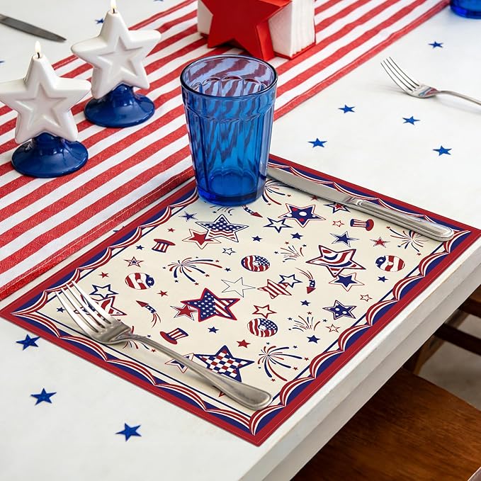 comfoyar America Stars 4th of July Placemats Set of 4, 12x18 Inch Non-Slip Linen Independence Day Place Mats, Washable Absorbent Table Mats for Kitchen Dining Party Table Decoration