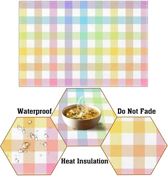 Pudodo Easter Buffalo Plaid Check Placemats Set of 4 Spring Holiday Party Decorations for Home Kitchen Table Supply (12" x 18")