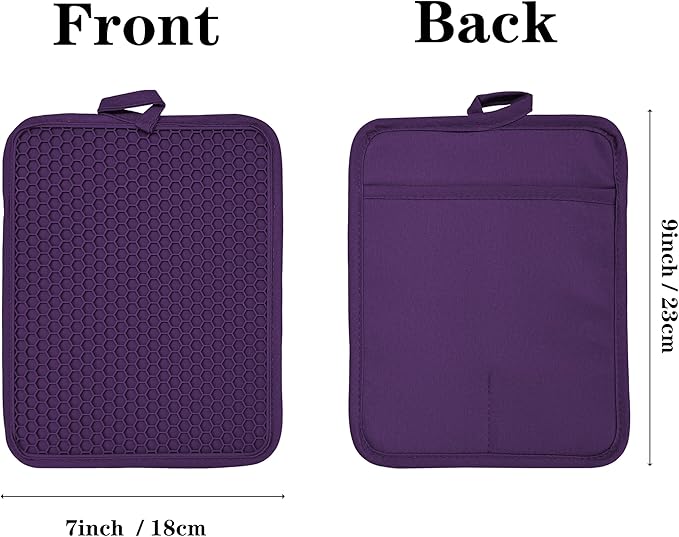 Oven Pot Holder with Pocket Cotton Heat Resistant Coaster Potholder Kitchen Hot Pad Oven Mitts for Cooking and Baking Square 7"x9" (Purple, Silicone)