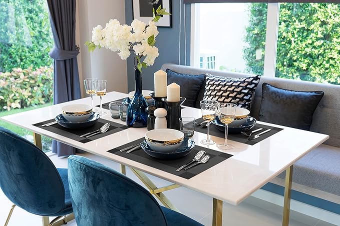 More Décor Dining Table Placemats, Washable Heat-Resistant PVC Vinyl Table Mats for Dining Room and Kitchen, Anti-Slip - Set of 6 -Black