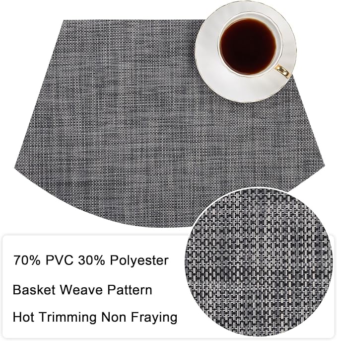 SHACOS Wedge Placemats Set of 4 Woven Vinyl Placemats for Round Table Wipe Clean Curved Fan Table Mats Placement Mat Indoor Outdoor, Dark Gray
