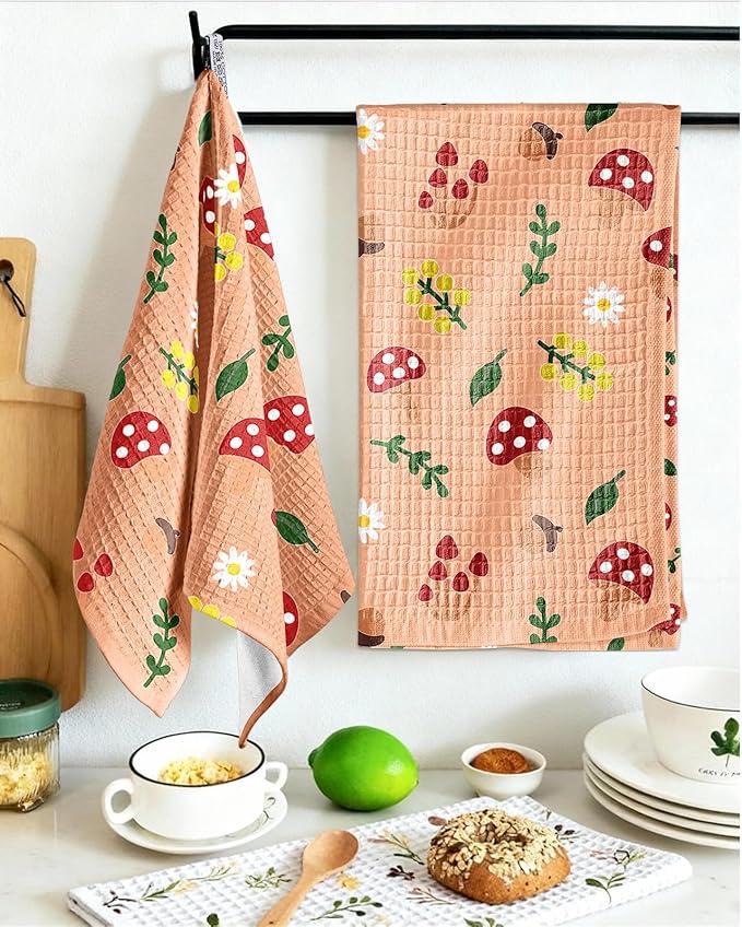 Miss Adola Cotton Waffle Kitchen Towels – Cute 370 GSM 16x25 Inch Terry Cloth Waffle Decorative Dishcloth for Kitchen Set of 2 with Hanging Loop Absorbent Hand Tea Towel for Home Design, Mushroom