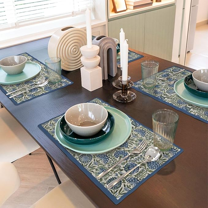 Navy Blue Boho Placemats Set of 4 Sage Green Vintage Floral Decor Place Mats 12x18 Inch Flower Spring Summer Seasonal Decorative Linen Table Mats for Home Kitchen Dining Party Table Decoration