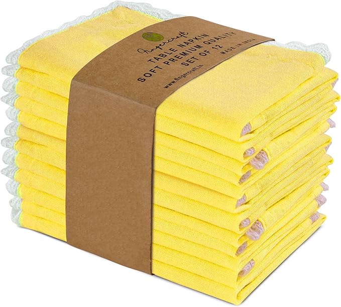 Fingercraft Dinner Cloth Napkin Cotton Linen Blend 12 Pack 12In Mitered Corners with Elegant Lace for Everyday Use Napkins Cloth are Pre Shrunk and Good Absorbency Yellow