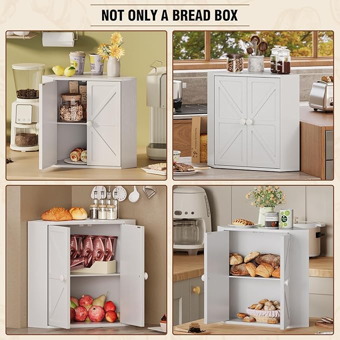 Trironsun Corner Bread Box for Kitchen Counter Double Layer Bamboo Bread Storage Container Large Capacity Bread Storage Bin Farmhouse Breadbox Organizer (White)