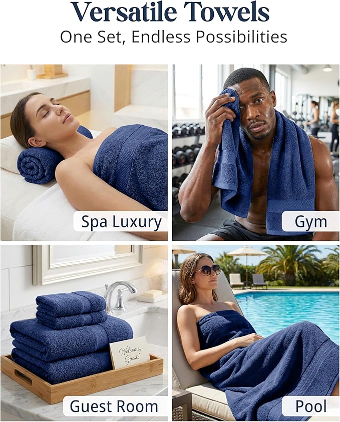 LANE LINEN Luxury Cotton Bath Towel Set - 16 Piece - Low Twist, Soft & High Absorbency - 4 Bath, 8 Wash cloths, 4 Hand Towels - Classic Hotel Quality, Durable & Ideal for Modern Bathrooms - Navy Blue