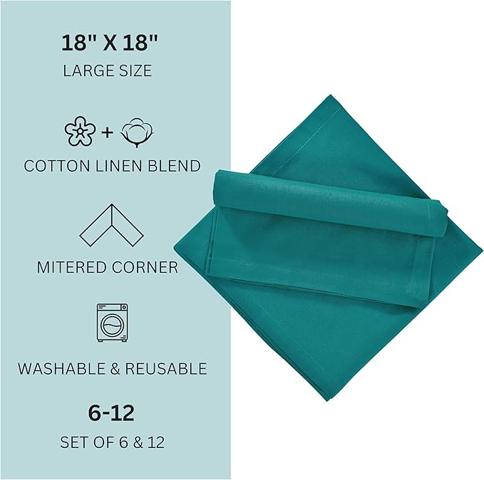FINGERCRAFT Dinner Cloth Napkins, Cotton Linen Blend Mitered Corner Napkins Cloth 12 Pack Natural Premium Quality for Every Day Use, Parties, Easter, Thanksgiving, Weddings, 18x18 inch Teal Green