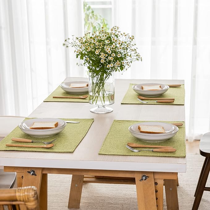 Kevin Textile Spring Burlap Linen Placemats Set of 4 Heat Resistant Dining Table Place Mats Washable Kitchen Table Mats, 13 x19 inches, Linden Green